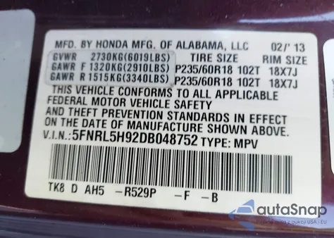 2013 Honda Odyssey Touring from USA, damaged, VIN 5FNRL5H92DB048752